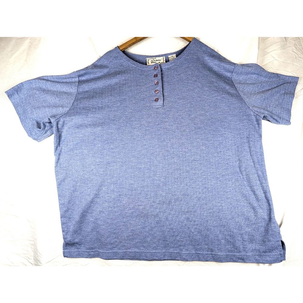 Sarah Bentley Woman Blue Heathered Henley Short Sleeve Top Plus Size 2X